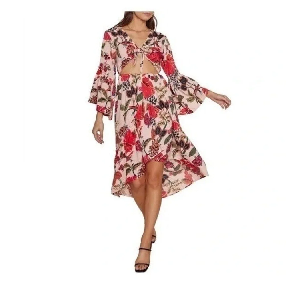 Raga Floral Cutout Bell Sleeve High Low Midi Dress Pink Multi R4561 Womens M NEW